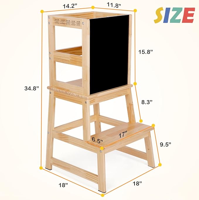 Kids Kitchen Step Stool with Chalkboard & Safety Rail for Toddlers 18 Months and Older, Safety Anti-Slip Protection, Removable Step Stool for Adult Use, Natural