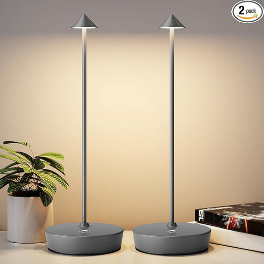 2Pack Rechargeable Cordless Table Lamp, Portable Powered LED Battery 6000mAh Metal USB Desk Lamp, 3 Levels Brightness Light for Restaurants Outdoor (2pack Gray)