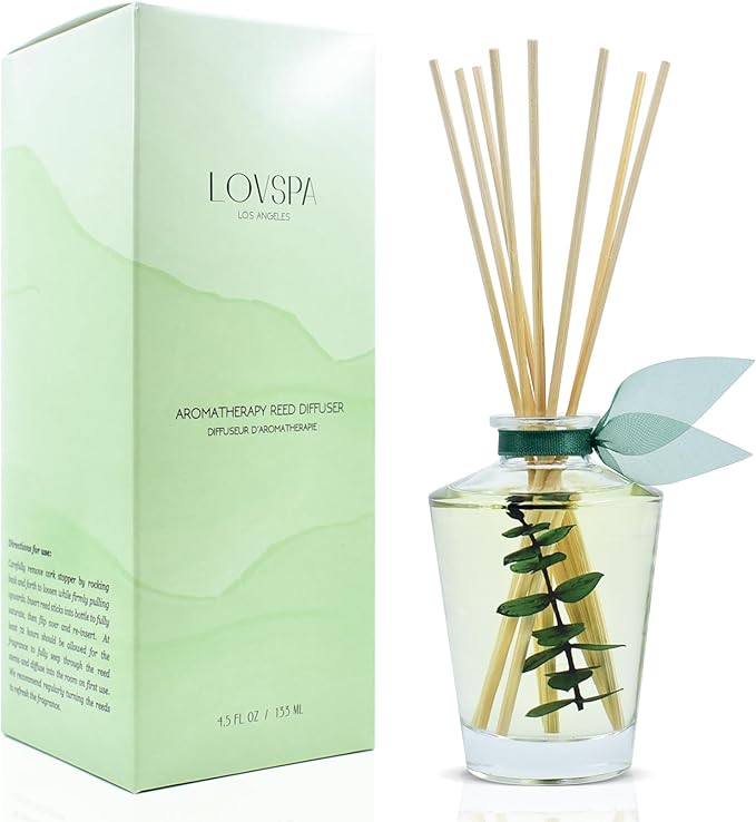 LOVSPA Cleanse Eucalyptus Sage Reed Diffuser Oil and Sticks Gift Set with Real Leaves Eucalyptus, Sage, Peppermint, Thyme, Bergamot and Lime Essential Oils