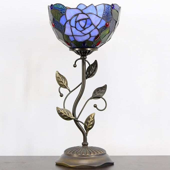 Small Tiffany Lamp Stained Glass Table Lamp Uplight Accent Lamp with Metal Leaf Base Yellow Purple Rose Style Desk Light 8X19 Inch for Home Office Living Room Bedroom
