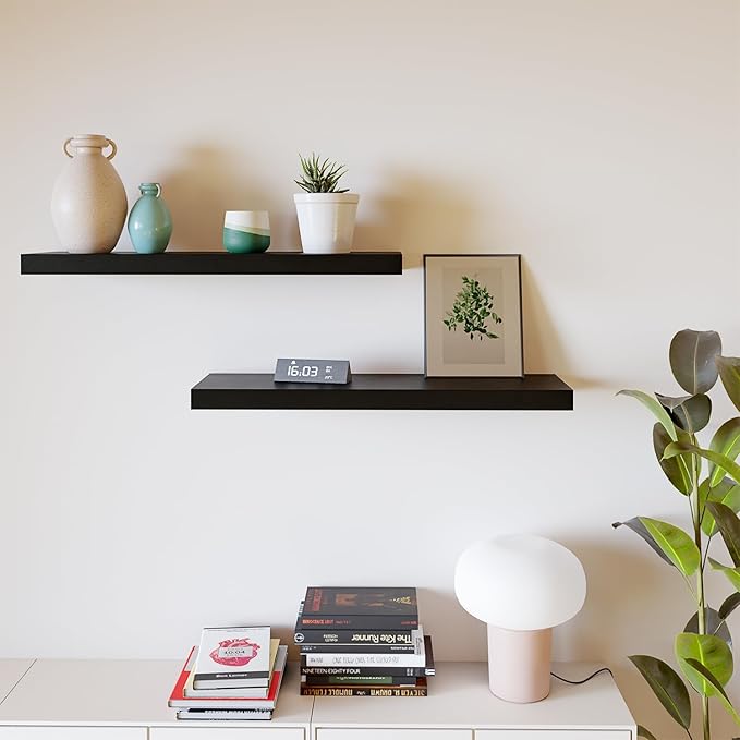 BATODA Set of 2 24" Acacia Floating Shelves Wall Mounted for Bathroom – Rustic Farmhouse Wooden Wall Storage Shelf Bedroom, Kitchen, Home Décor - Brackets and Shelving Mounting (Black, 24 Inch)