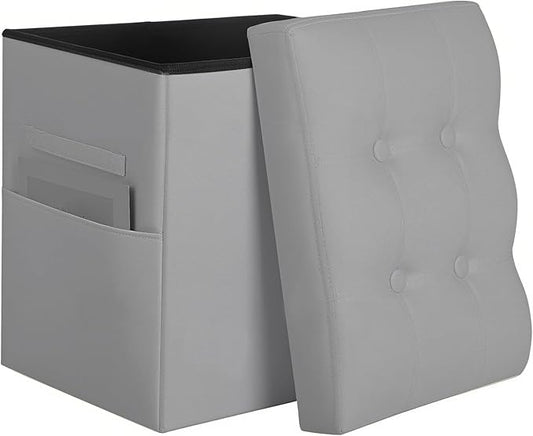 Ottoman with Storage, Ottoman Foot Rest Stool with Handles & Side Pocket. Folding Leather Storage Bench with Thicker Foam Padded Seat. Slim Tall Ottomans for Living Room 350lbs, 17x13x17in, Grey