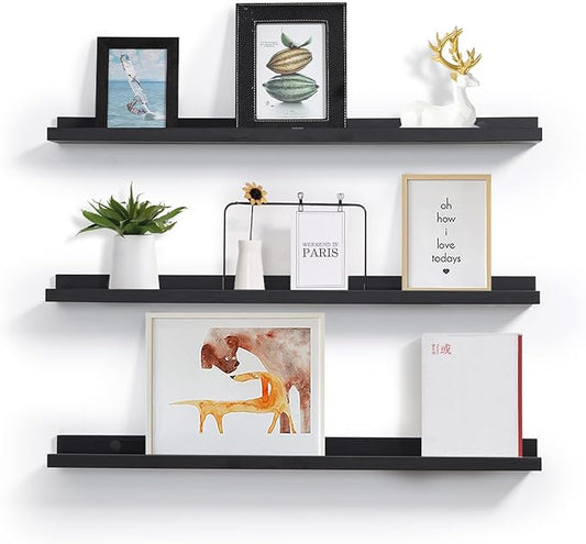MBYD 36 Inch Picture Ledge Shelf with Lip Modern Black Floating Photo Shelves Natural Wood Set of 3 Same Sizes Frames Albums Display Shelf for Bedroom Bathroom Living Room Kitchen