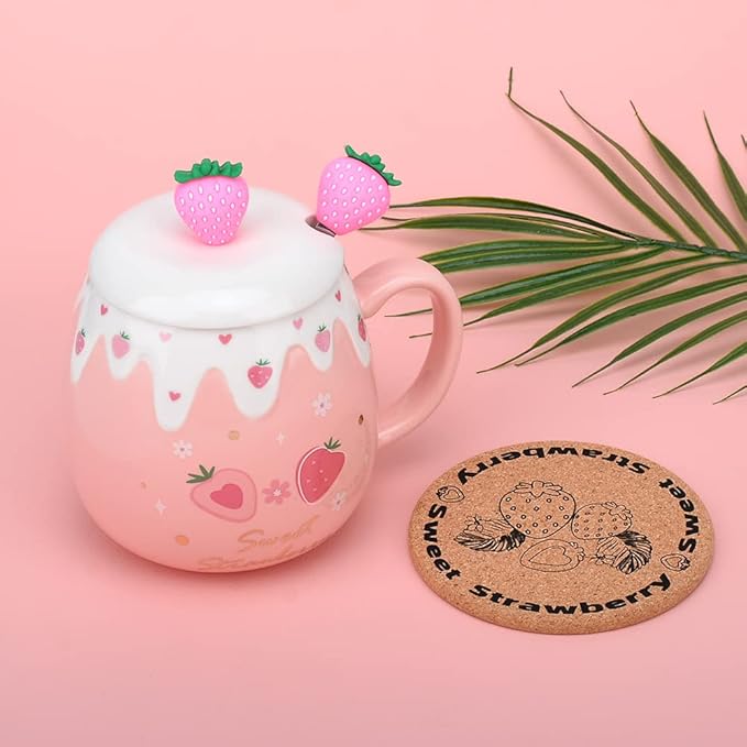 Pink Mug,Cute Strawberry Cup with Lid,Spoon and Coaster,Ceramic Coffee Mug, Kawaii Cup for Tea Milk,Women Girls Student Korean Style 450ML Christmas Birthday Gift