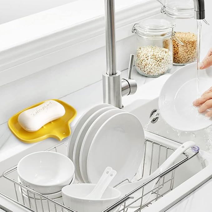 Multi-Color Ceramic Soap Dish for Kitchen or Bathroom, Easy to Clean, Self Draining Soap Holder, Keeps Soap Dry (Yellow)