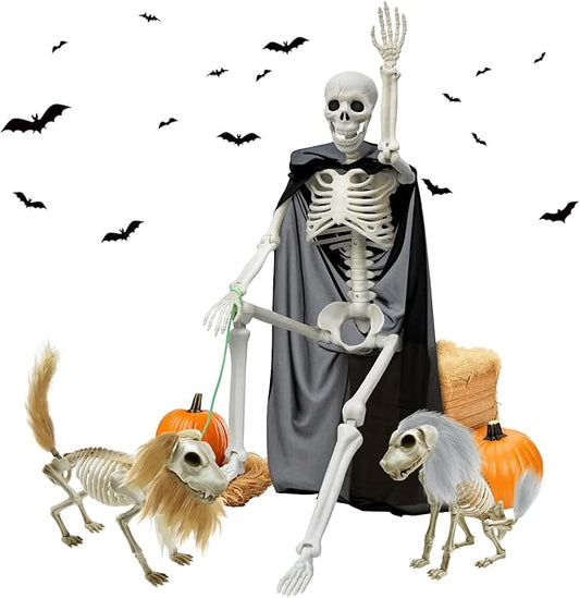 Askill 36" Skeleton Halloween Decorations, 3FT Posable Skeleton with Furry Dog & Wolf Skeleton - 3 in 1 Creepy Plastic Movable Joint Skeleton for Halloween Party Yard Decor - 36inch
