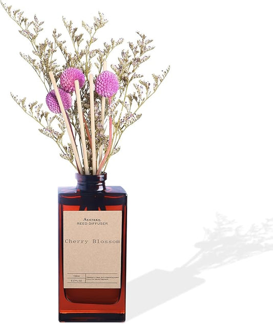 Reed Diffuser Set - Cherry Blossom Essential Oil, 5 oz/150ml Black Currant Aroma Scent Oils Bathroom Air Freshener with Flower Decoration and Diffuser Sticks, Home Fragrance for Room Decor