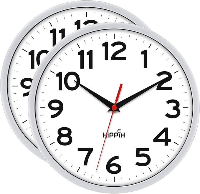 HIPPIH Wall Clock 2 Pack, 10 Inch Modern Wall Clocks Battery Operated, Non Ticking Silent Clock, Simple Small Analog Clocks for Living Room, Bedroom, School, Office Decor, Silver