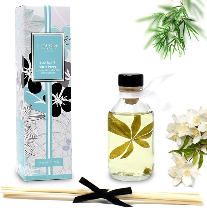 LOVSPA Lush Palm & Jasmine Reed Reed Diffuser Set - Reed Diffusers for Home - Non-Toxic Oil Reed Diffuser - Made in The USA