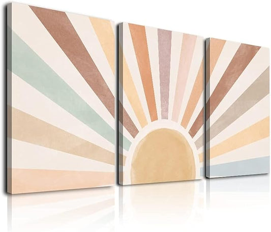 Boho Sun Wall Art Set of 3, Framed Canvas Wall Art Rainbow Sun Rising on the Horizon Geometric Nature Illustrations Line Art Wall, Office, 12"x16" Watercolor