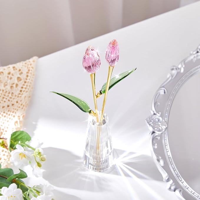Crystal Tulips Figurine - Pink Flowers with Vase - Glass Flower Bouquet Collectible Office Home Decor Paperweight - Tulip Gifts for Women Mom Bestfriend Wedding Anniversary