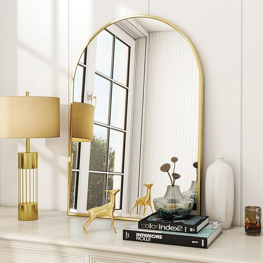 Arched Wall Mirror, 24 x 36 inch Arch Bathroom Mirror, Wall Mounted Vanity Mirror with Arch Metal Frame, Modern Bathroom Vanity Mirror for Bedroom, Living Room, Hanging or Leaning, Gold