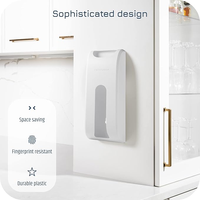 Wall-Mount Grocery Bag Dispenser | Space-Saving Design | Easy Install | Smudge-Proof, Fingerprint-Resistant | White | Holds Most Bags for Maximum Storage