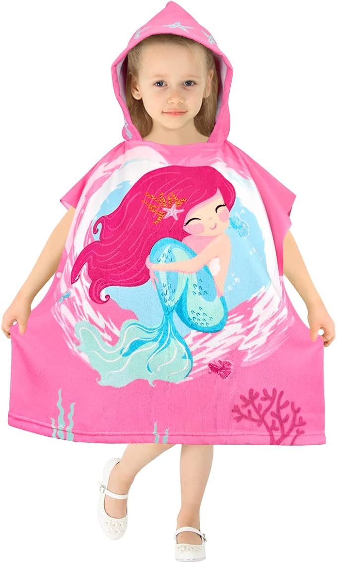 HUANLANG Kids Hooded Beach Towel for Boys Girls,Bath Pool Beach Poncho Towels Super Soft & Absorbent Cotton Towel Childrens Mermaid Beach Towels for Toddler 0-7 Years Old