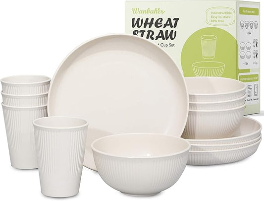 12pcs Wheat Straw Dinnerware Sets for 4, Kitchen Unbreakable Wheat Straw Plates and Bowls Sets for College Dorm Apartment Reusable Beige