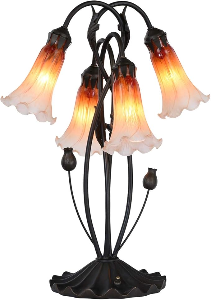 Bieye L10699 Lily Flower Blown Glass Accent Table Lamp for Living Room Bedroom Decoration (4-Light, Orange)