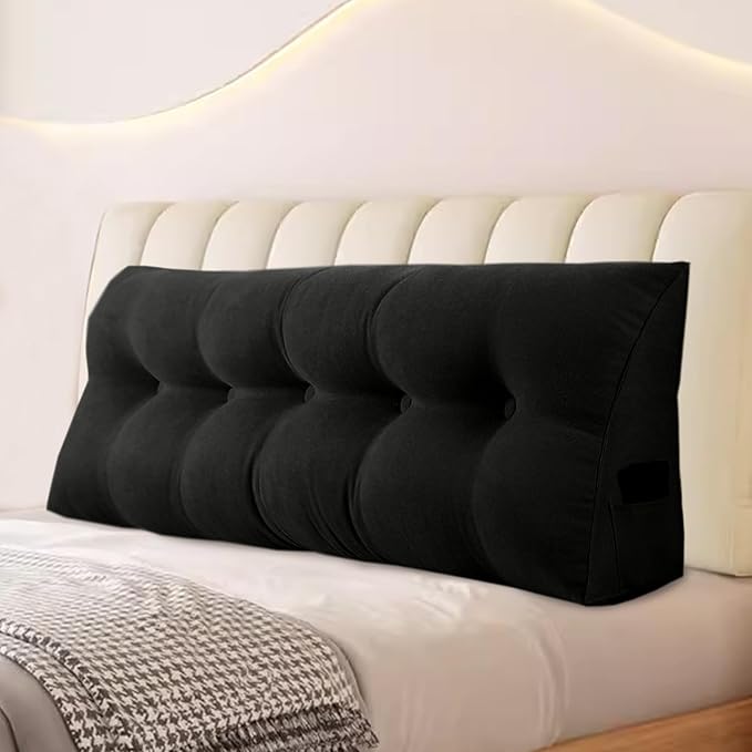 Large Triangular Headboard Pillows Long Backrest Positioning Support Bolster Cushion for Daybed Fluffy Quality Plush Body Wedge Pillow with Removable Cover(Black-Cal King-71x8x20 in)