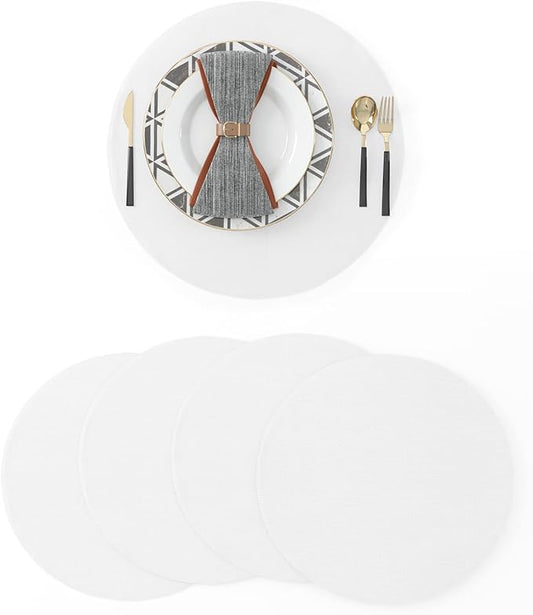 Set of 4 Round Placemat 15 Inch Soft Linen eco-Friendly Fabric Handcrafted Machine Washable Indoor & Outdoor Tablemat Pure White