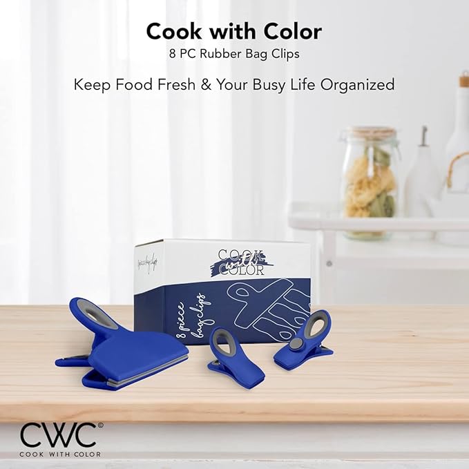 COOK WITH COLOR Bag Clips - Heavy Duty Chip Clip and Refrigerator Magnet Clips for Food Storage with Air Tight Seal Grip, Blue, Pack of 8