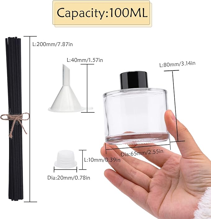 4PCS Fragrance Glass Diffuser Bottles, Refillable Diffuser Bottles with 20pcs Reeds Sticks & Black Caps & Funnel, Diffuser Jars for Home Oil Fragrance Decoration Girl Women Gift (100ML)