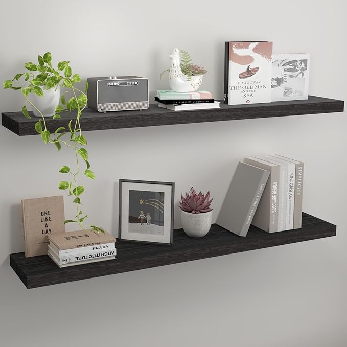 Floating Shelves 36 Inch Wall Shelf Solid Wood Mounted Storage for Bedroom Living Room Set of 2, Black Wall Shelves
