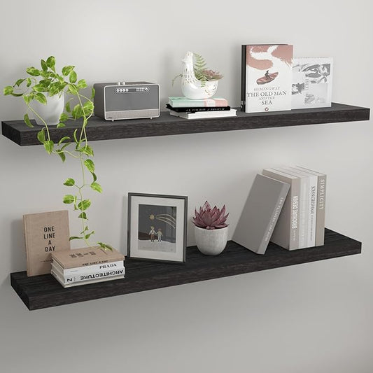 Floating Shelves 36 Inch Wall Shelf Solid Wood Mounted Storage for Bedroom Living Room Set of 2, Black Wall Shelves