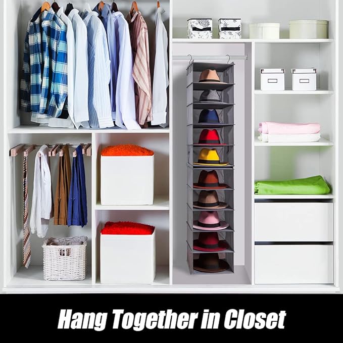LADYBRO Hat Rack for Closet Hat Organizer, 10-Shelf Organizer for Fedora Trilby Hanging Storage Display Hanger Holder Caps Sunglass, Oxford Cloth Grey