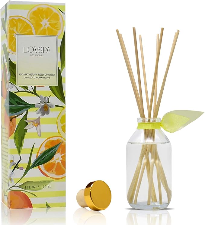 LOVSPA Sunshine & Lemons Reed Diffuser Set - Yuzu, Lemon, Grapefruit & Cane Sugar Scent Diffuser - Non-Toxic Oil Reed Diffuser - Made in The USA