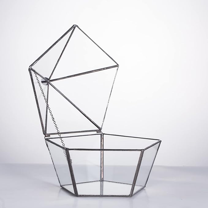NCYP Modern Clear Glass Jewelry Box with Swing Lid, Geometric Pentagon Shape Terrarium for Succulent Fern, Garden Display Planter Tabletop Decor Centerpiece Container (NO Plants)