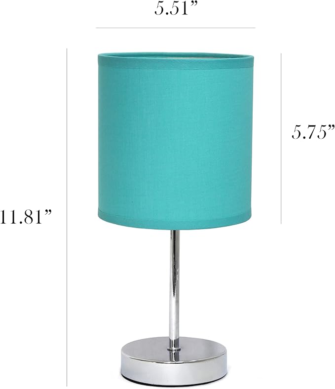Simple Designs LT2007-BLU-2PK Chrome Mini Basic Table Lamp with Fabric Shade 2 Pack Set, Blue Turquoise