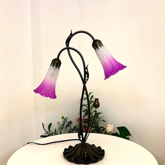 Bieye L10850 Lily Flower Blown Glass Accent Table Lamp for Living Room Bedroom Decoration (2-Light, Purple)