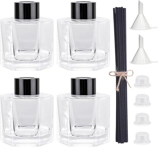 4PCS Glass Reed Diffuser Bottle Empty Diffuser Jars with Black Caps and Sticks Set 100ML 3.52Ounce Fragrance Accessories Use for DIY Essential Oils Home Fragrance