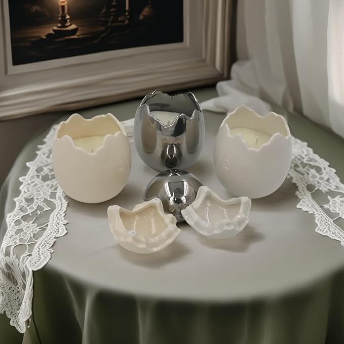 Easter Eggs Scented Candle,Natural Soy Wax, Creative Ceramic Eggshell, Aromatherapy Candle Gift Set, Candlestick Fragrance Gift Decoration (Milky White)