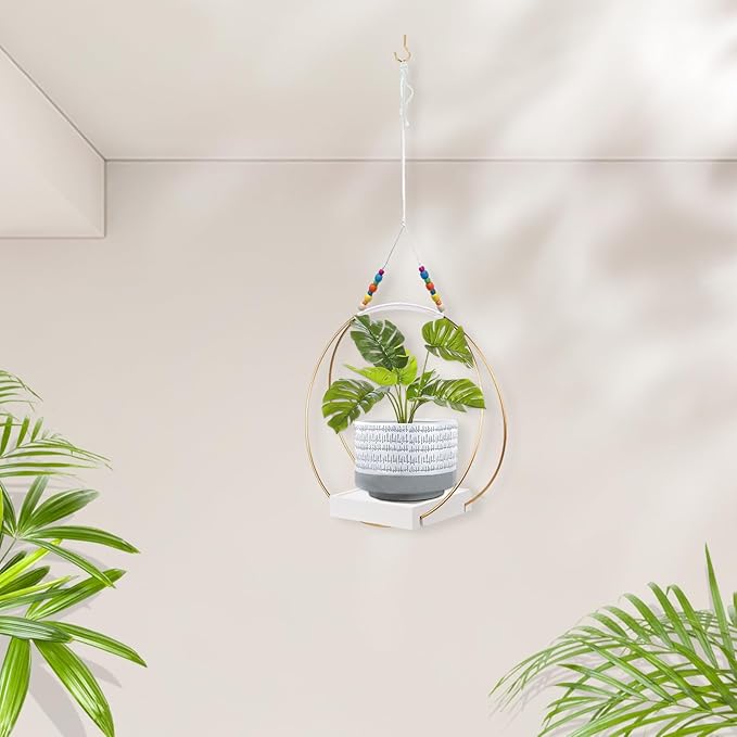 Hanging Planters for Indoor Plants,Plant Hanger with Sturdy Wood Base,Modern Boho Macrame Plant Hanger,Wall Ceiling Window Stands(Plants/Pots Not Included) (1 Pack/Gold+Macrame)