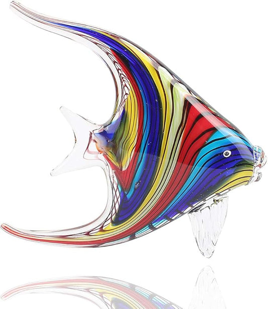 Hophen Art Glass Crystal Tropical Angel Swallow Fish Blown Handmade Sea Animal Figurine Sculpture Home Decor Collectible Statue Paper Weight Gift Ornament (Rainbow)
