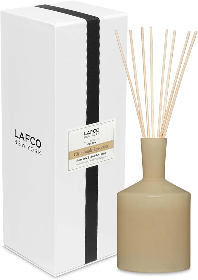 LAFCO New York Classic Reed Diffuser, Chamomile Lavender - 6 oz - Up to 3 Months Fragrance Life - Reusable, Hand Blown Glass Vessel - Natural Wood Reeds - Made in the USA