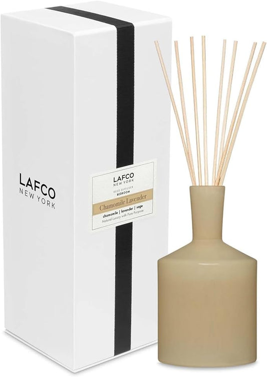 LAFCO New York Classic Reed Diffuser, Chamomile Lavender - 6 oz - Up to 3 Months Fragrance Life - Reusable, Hand Blown Glass Vessel - Natural Wood Reeds - Made in the USA