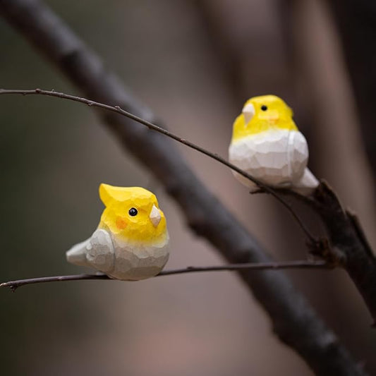 1 Pair Handmade Wooden Cockatiel Figurines – 1.8" Carved Parrot Sculptures, Cute Nymphicus Hollandicus Bird Decor for Shelf, Desk, Gift, or Home Display