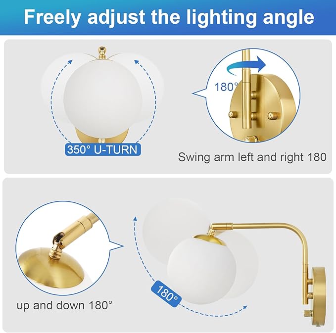 Wall Sconces Plug in, Dimmable Swing Arm Wall Lights with Plug in Cord and Dimmer On/Off Knob Switch, Dimmable Wall Light with Milky White Glass Globe Shade(1 Bulb Included)