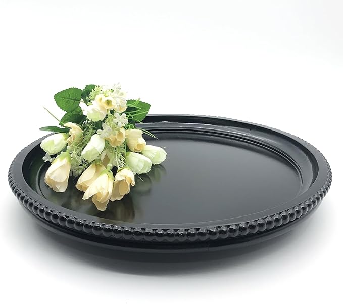 Round Wood Decorative Tray, Small Beaded Tray for Dresser Coffee Table Kitchen Corner Dinning Table, Modern Round Wooden Tray for Centerpiece (Black, 13.4''X13.4'')