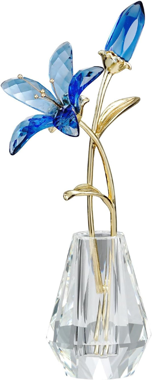 Crystal Lily Figurine, Glass Flowers with Stem,Flower Collectible Gifts for Woman, Wedding Party Decor(Blue)