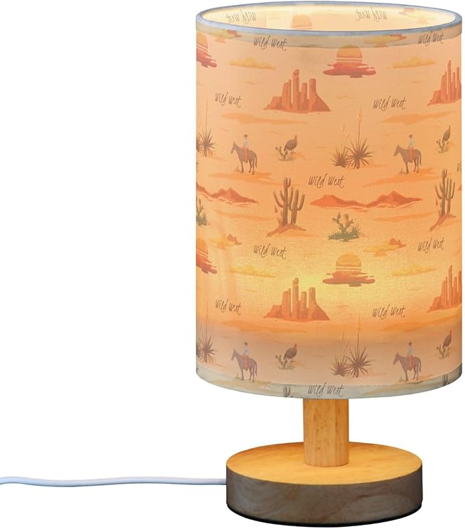 Table Lamp Vintage Sunset Desert Pattern Cactus Mountain Cowboy Horse Turkey Nightstand Lamp with Wood Base Fabric Lamp Shade Bedside Desk Lamp for Living Room Bedroom Kids Room Office