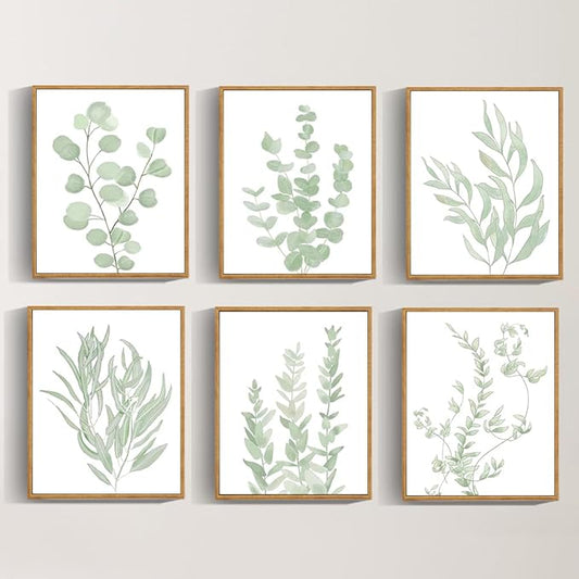 Drsoum Framed Botanical Plant Canvas Wood Wall Art Light Green Sage Wall Decor Eucalyptus Leaf Picture for Bedroom Living Room Bathroom Office 8”x 10” x 6pcs
