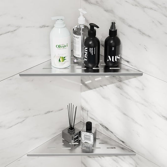 Shower Corner Shelf 10" Slot Design Bathroom Shelves for Tiled Wall, 304 Stainless Steel Recessed Organizer Corner Shelves for Inside Shower Decor, 2 Pack, Silver