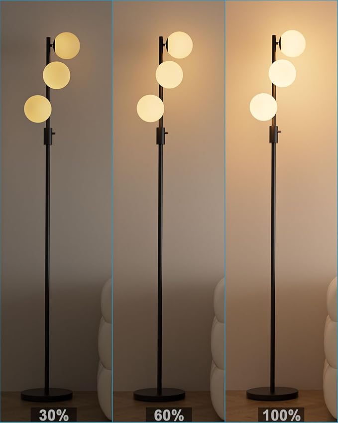 64IN Dimmable Black Floor Lamp, Tall Standing Lamps with 3 Globe Soft Warm White Eye Care 3000K G9 Bulbs, Mid Century Modern Floor Lamp for Living Room Bedroom Office