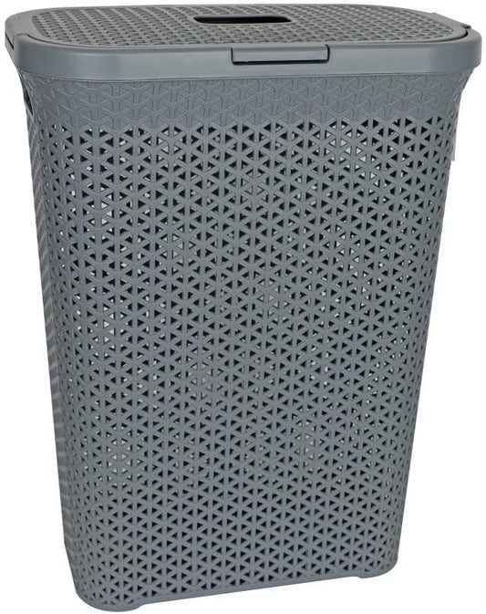 YBM Home Plastic Rattan Laundry Hamper Basket with Hinged Lid, Ventilation Holes, Durable, Lightweight Bin With Cutout Handles, Storage Dirty Clothes, Space Saver, 10.5" x 17.5" x 23.75", Grey