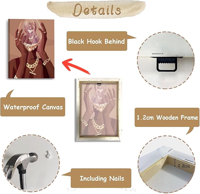 Black Woman Framed Canvas Art Decor,Black Girl Art Poster,Black Female Art Printing,Feminine Boho Art Abstract African American Woman Wall Art Decor for Home Bedroom - Set of 4 (8"X10",Built-in frame