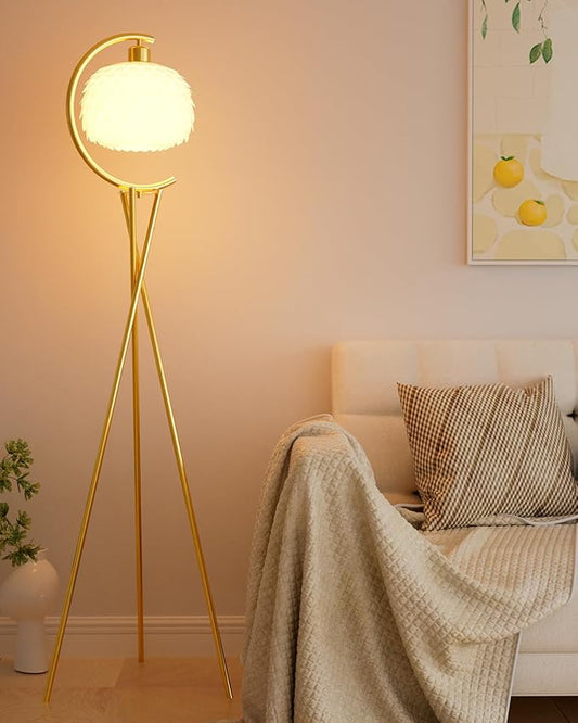 Modern Floor Lamp with Arc Imitation Feather Lampshade, Gold Metal Standing Lamp with Bulb Included, Vintage Tall Reading Light for Living Room, Bedroom,Office