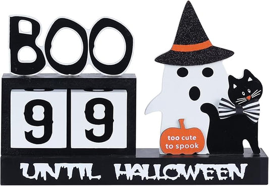 Halloween Decorations Indoor, DECSPAS Wood Halloween Countdown Calendar Halloween Decor, Two Movable Numeral Blocks for Counting 99 Days to Halloween, Ghost Ornaments Boo Sign Halloween Room Decor