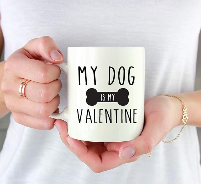 Andaz Press Valentine’s Day Funny 11oz. His Her Couples Coffee Mug Gift, My Dog Is My Valentine, Bone Graphic, 1-Pack, Gift Box